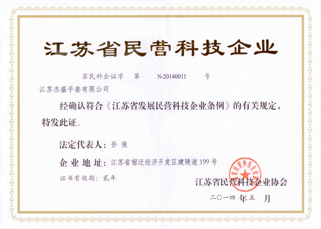 Jiangsu Jaysun Glove Co., Ltd was granted the Certificate “Private Technology Enterprise of Jiangsu Province”.